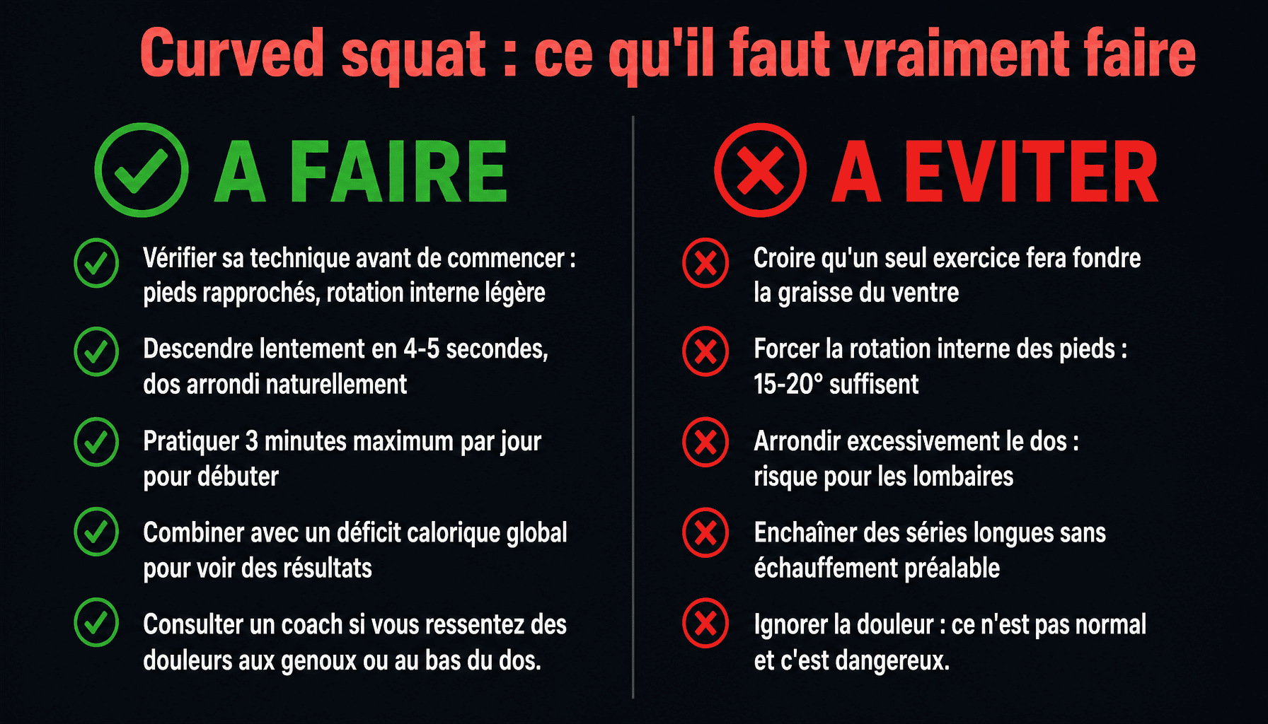 Infographie curved squat : bonnes pratiques et erreurs à éviter pour débutants