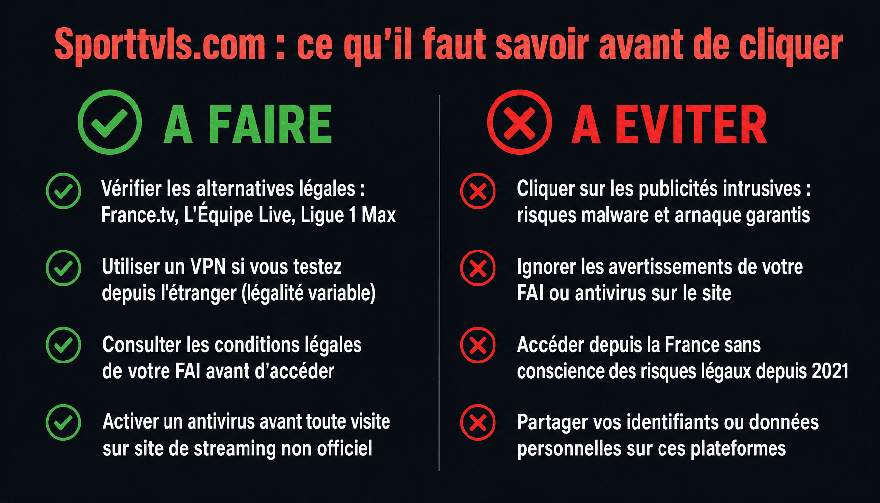 Infographie des bonnes et mauvaises pratiques face au site de streaming sporttvls com en France