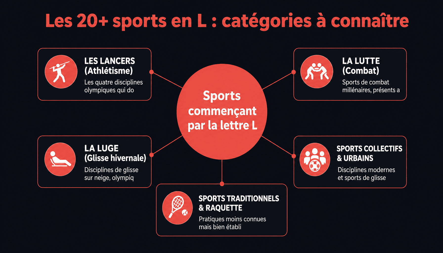 Infographie des sports en L : lancers athlétisme, lutte, luge, lacrosse et autres disciplines