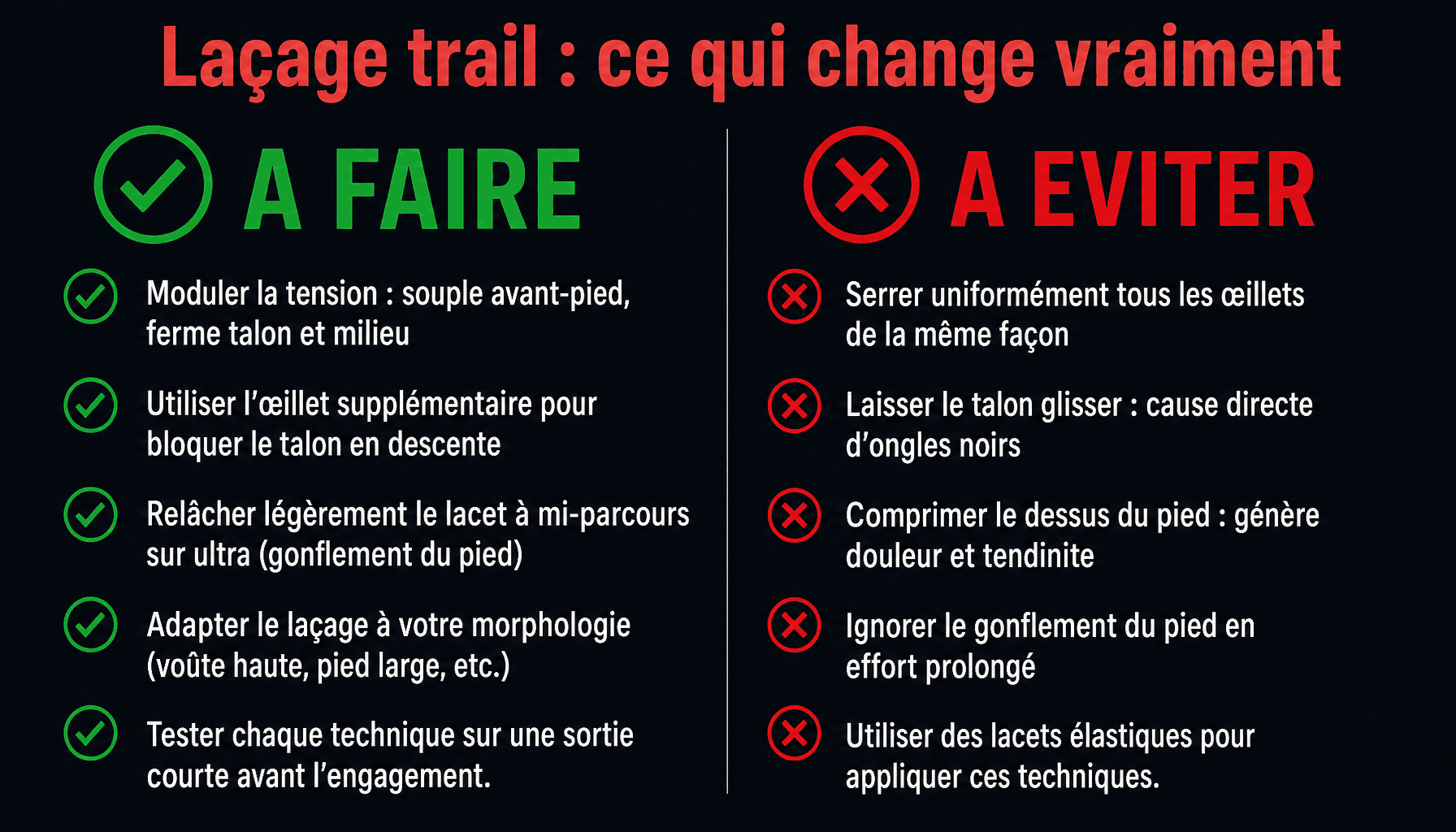 Infographie laçage chaussure trail : bonnes pratiques et erreurs à éviter pour éviter ampoules et ongles noirs