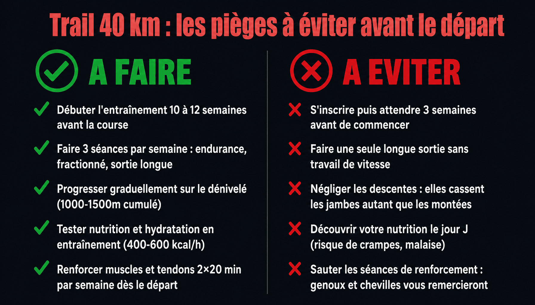 Infographie plan entraînement trail 40 km PDF : erreurs à éviter et bonnes pratiques