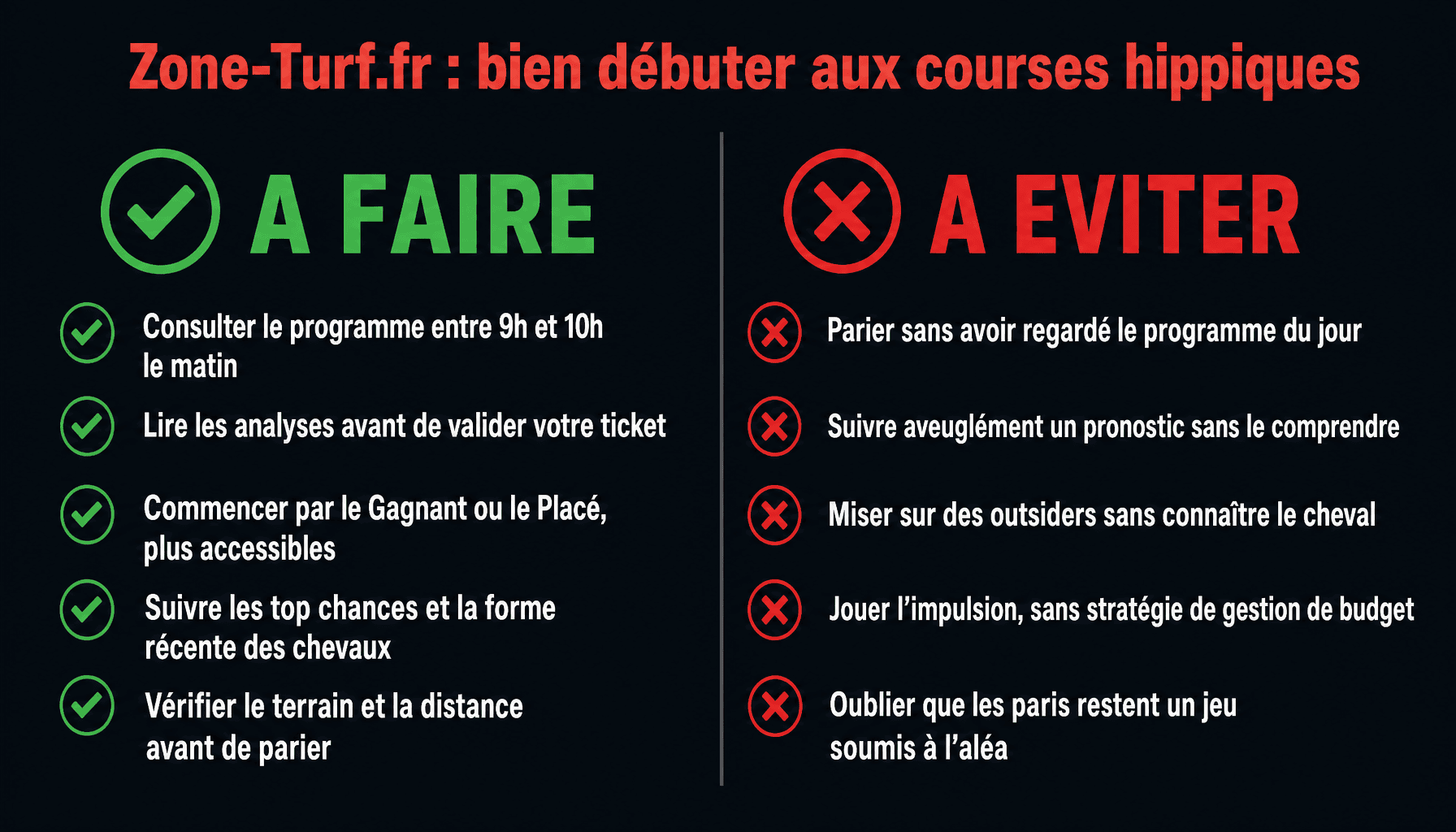 Infographie conseils et erreurs pour débuter sur zone turf fr et les pronostics PMU