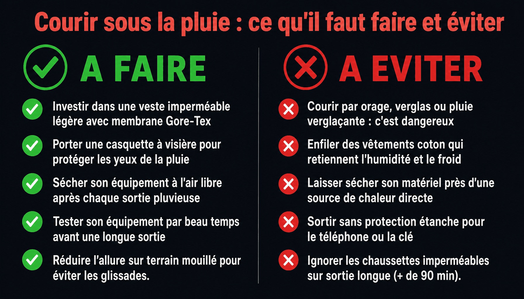 Infographie courir sous la pluie : équipement, sécurité et entretien à faire et à éviter