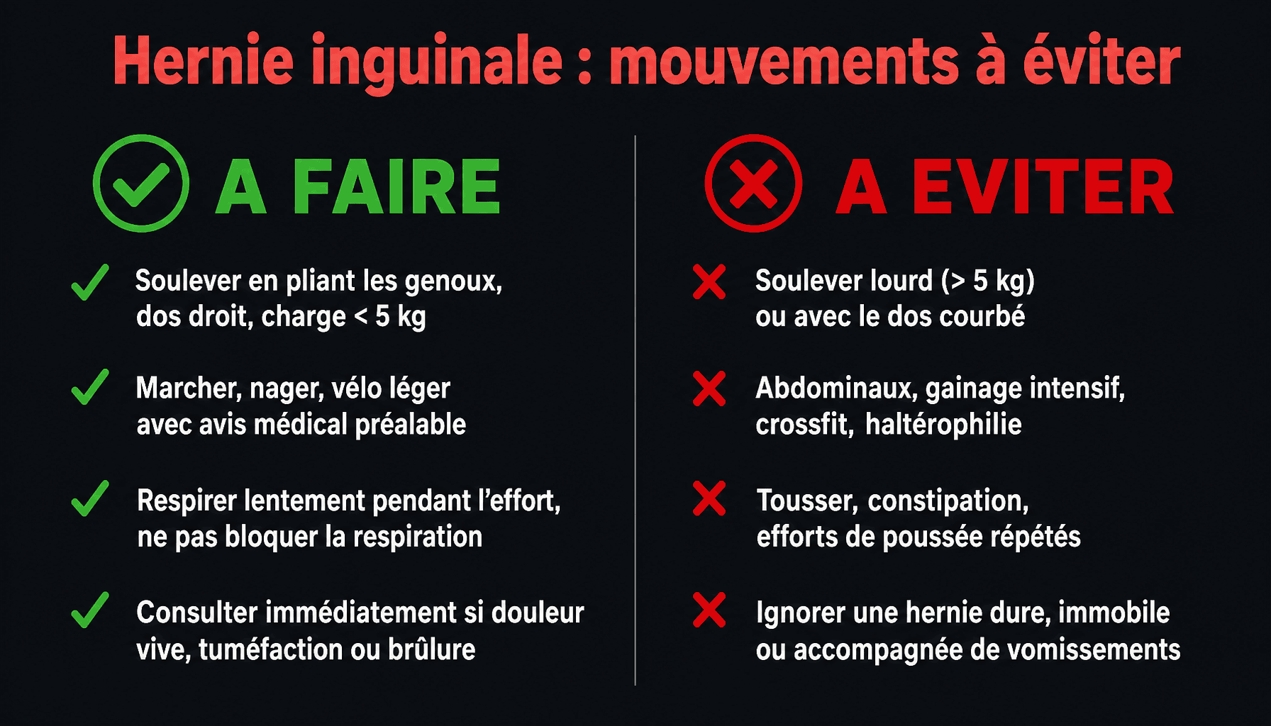 Infographie hernie inguinale mouvements à éviter : guide pratique des gestes sûrs et risqués