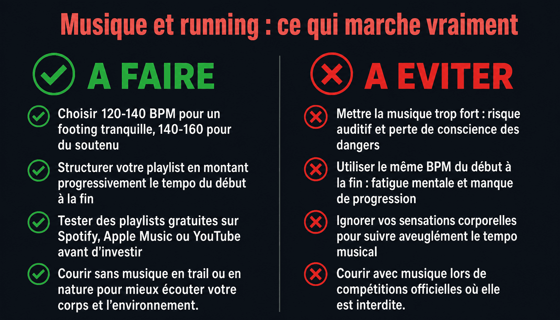 Infographie musique pour courir : bonnes pratiques et erreurs à éviter pour optimiser votre entraînement