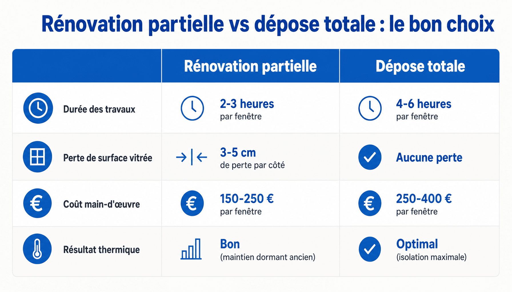 Comparaison fenetre bois en renovation : rénovation partielle vs dépose totale, durée, coût, surface vitrée, résultat thermique