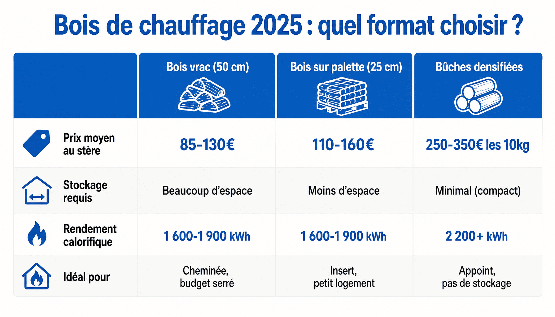 Comparaison prix bois de chauffage par format : vrac, palette, bûches densifiées avec tarifs régions 2025