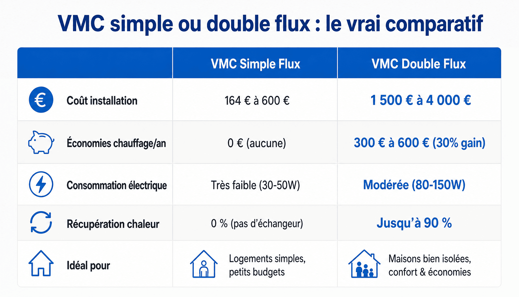 Comparaison VMC double ou simple flux : prix, consommation, installation et économies réelles