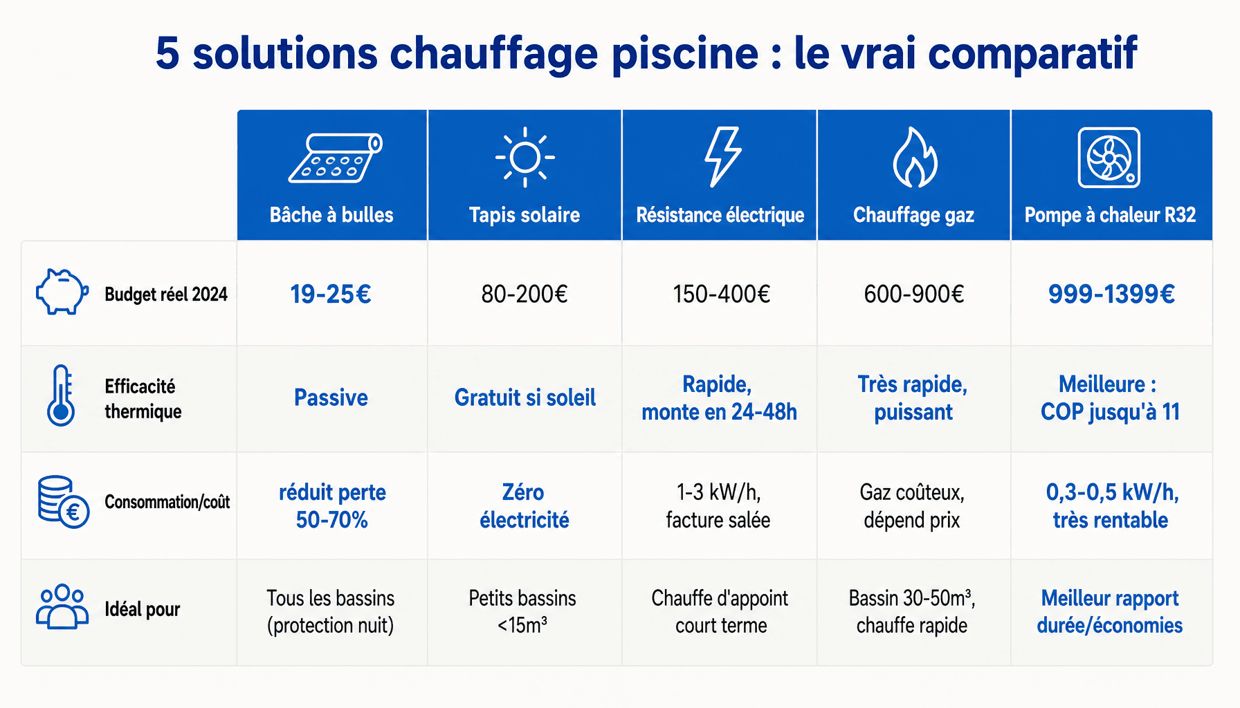 Comparatif des 5 solutions de chauffage piscine hors sol : prix, efficacité, consommation et performance