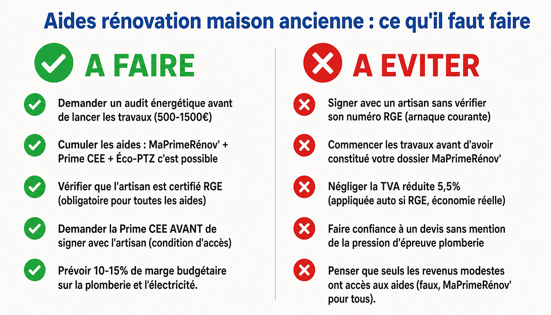 Infographie aide pour renover une maison ancienne : bonnes pratiques et pièges à éviter en 2026