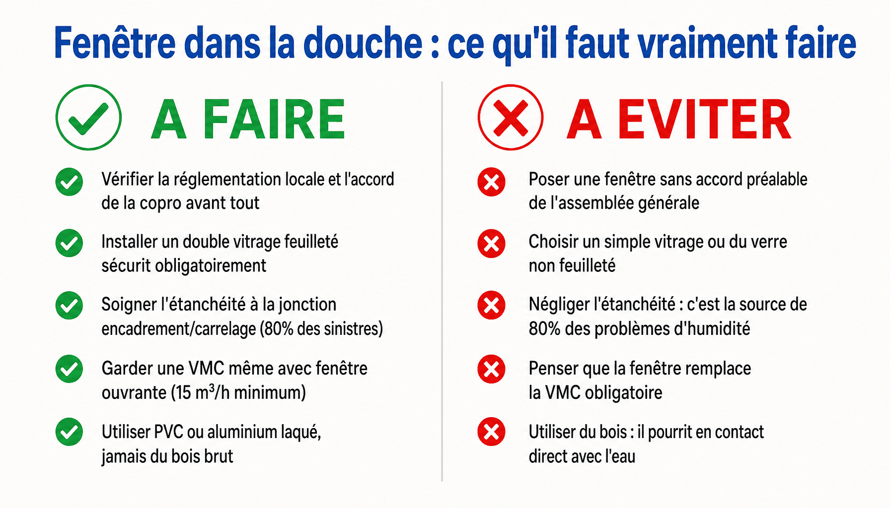 Infographie des bonnes et mauvaises pratiques pour installer une fenêtre dans la douche