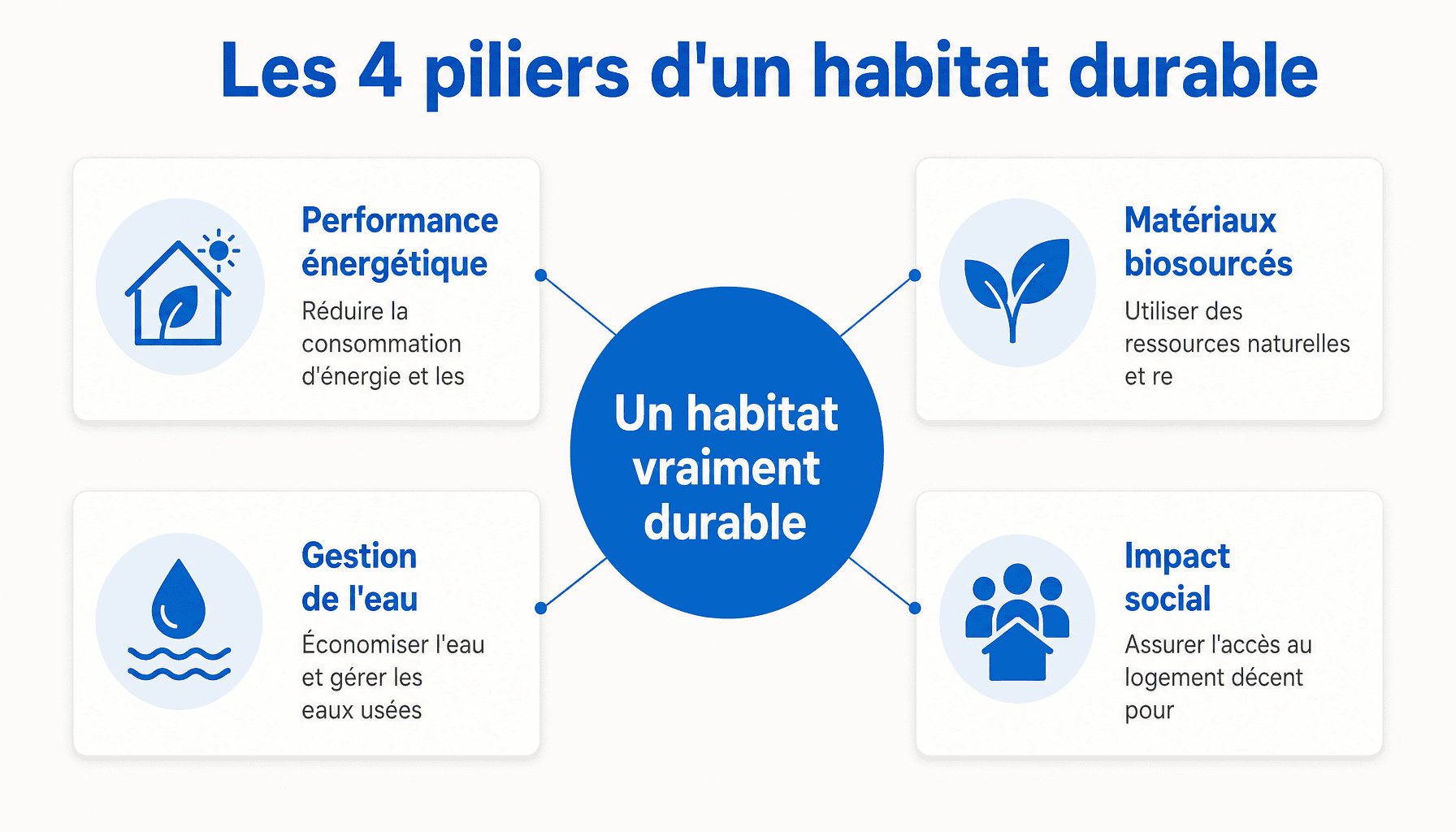 Infographie habitats-durables.org : les 4 piliers fondamentaux d'un logement durable - performance énergétique, matériaux biosourcés, gestion de l'eau et impact social