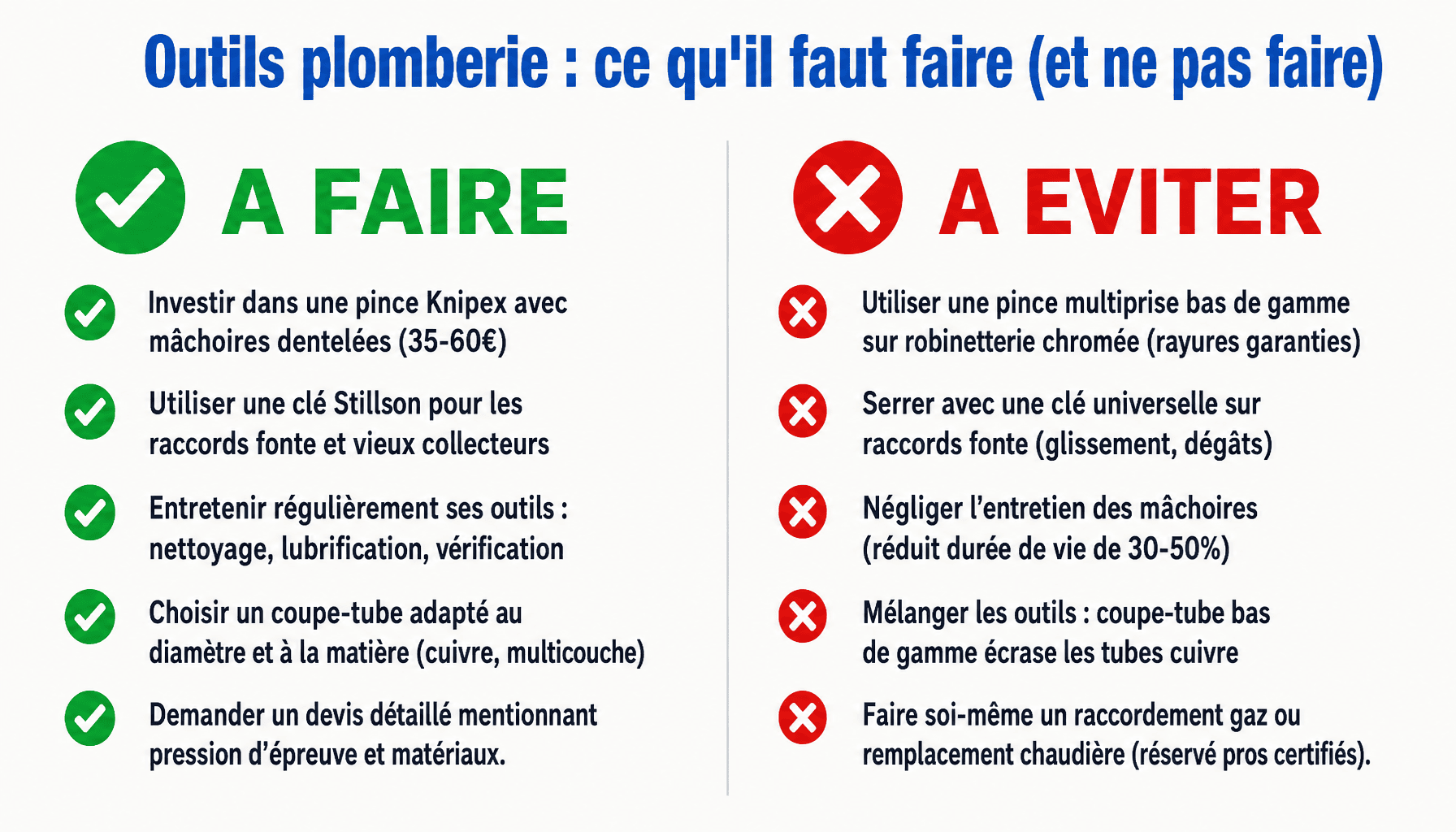 Infographie outils pour la plomberie : bonnes pratiques vs erreurs à éviter pour bricoleurs
