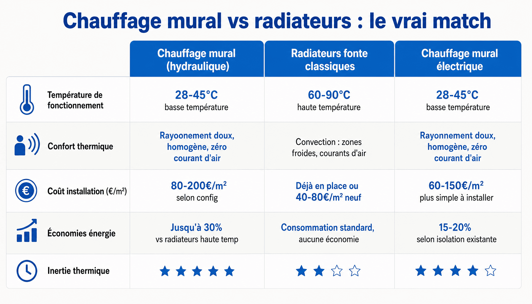 Comparaison chauffage dans les murs et radiateurs classiques : confort, coût, consommation énergie