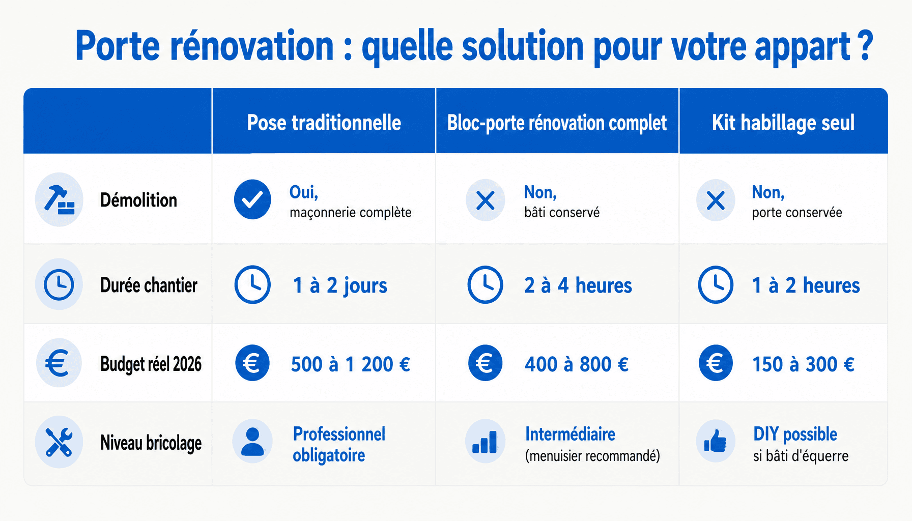 Comparaison des 3 solutions pour changer une porte intérieur en rénovation : pose traditionnelle, bloc-porte rénovation, kit d'habillage