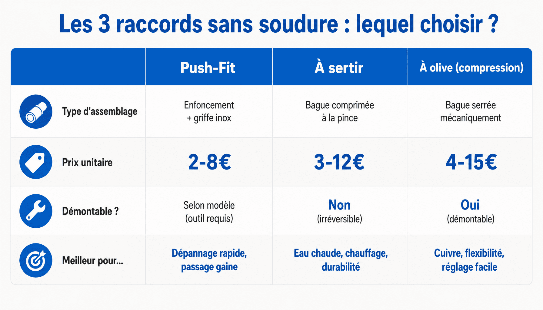 Comparaison des raccords plomberie sans soudure : Push-Fit, à sertir, à olive. Types, prix, démontabilité, compatibilité matériaux.