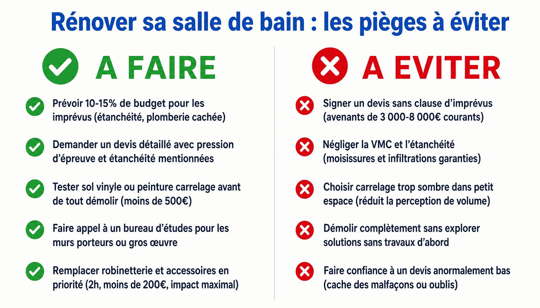 Infographie idée de rénovation de salle de bain : à faire vs à éviter pour éviter les erreurs coûteuses