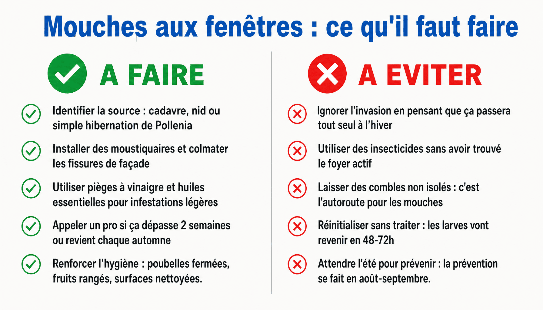 Infographie invasion de mouches sur les fenêtres : bonnes et mauvaises pratiques pour s'en débarrasser
