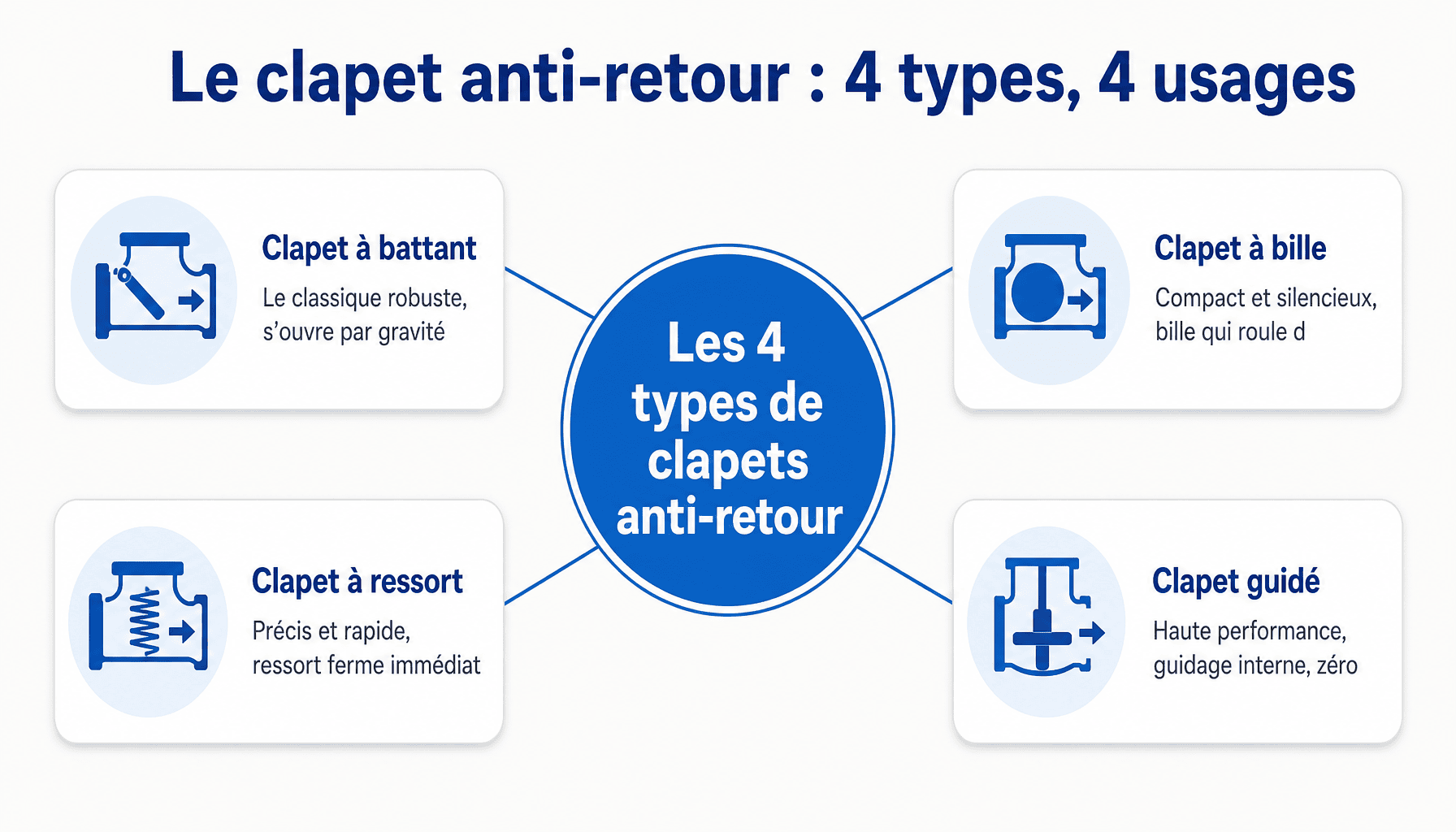 Infographie plomberie clapet anti retour : types battant bille ressort guidé avec caractéristiques