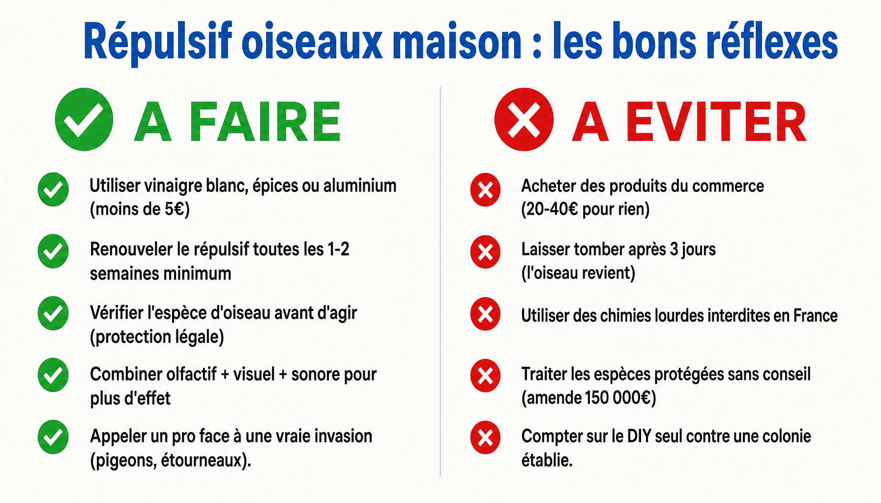 Infographie répulsif oiseaux fait maison : à faire et à éviter pour protéger votre jardin efficacement