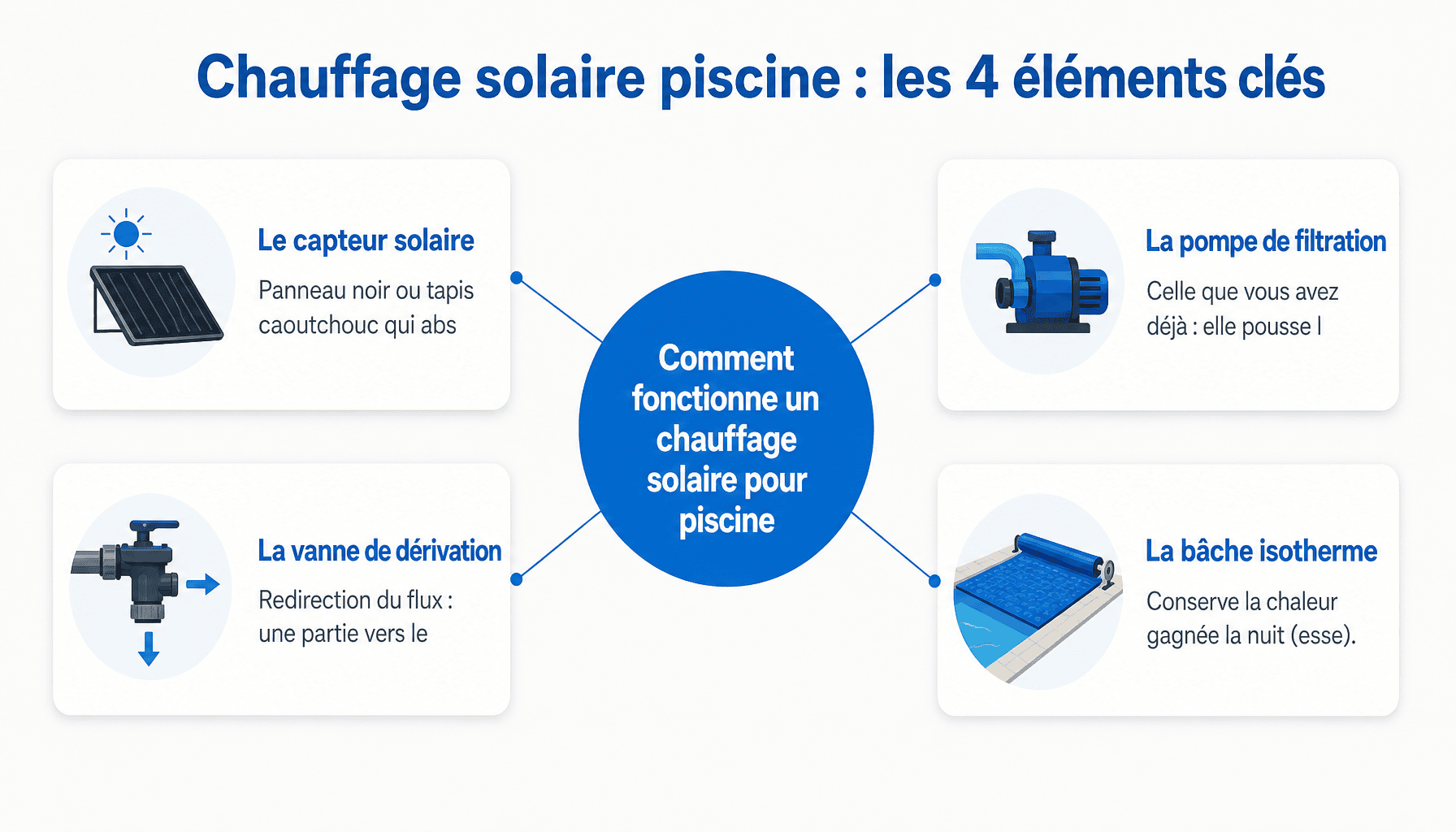 Infographie décomposition chauffage pour piscine solaire : capteur, pompe, vanne, bâche isotherme