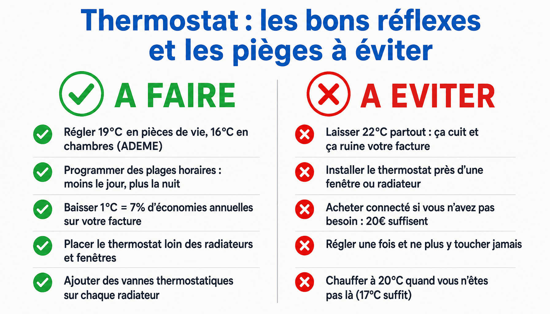 Infographie comment régler un thermostat de chauffage : bonnes pratiques et erreurs courantes pour économiser
