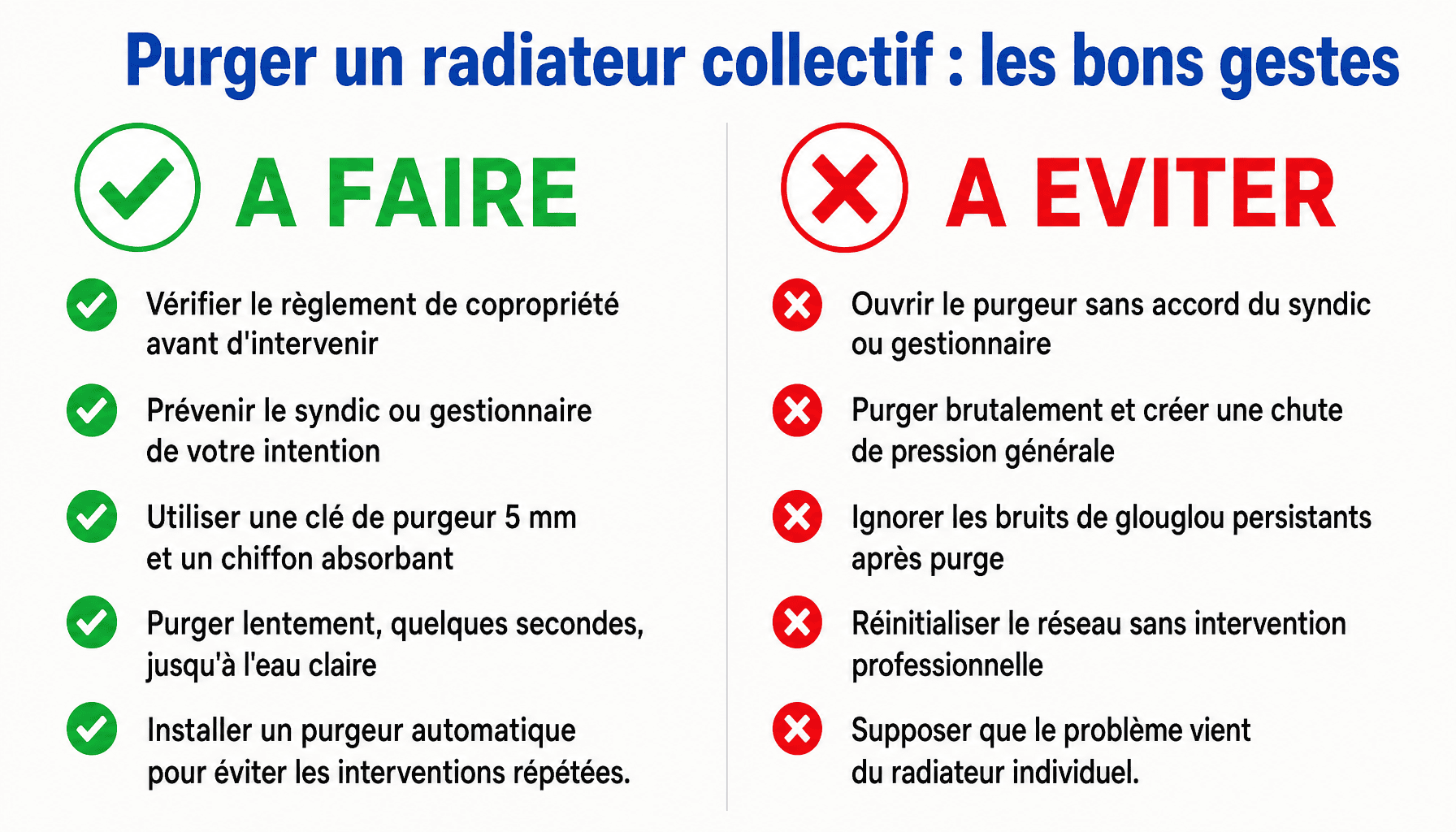 Infographie purger radiateur chauffage collectif - à faire et à éviter pour débutant