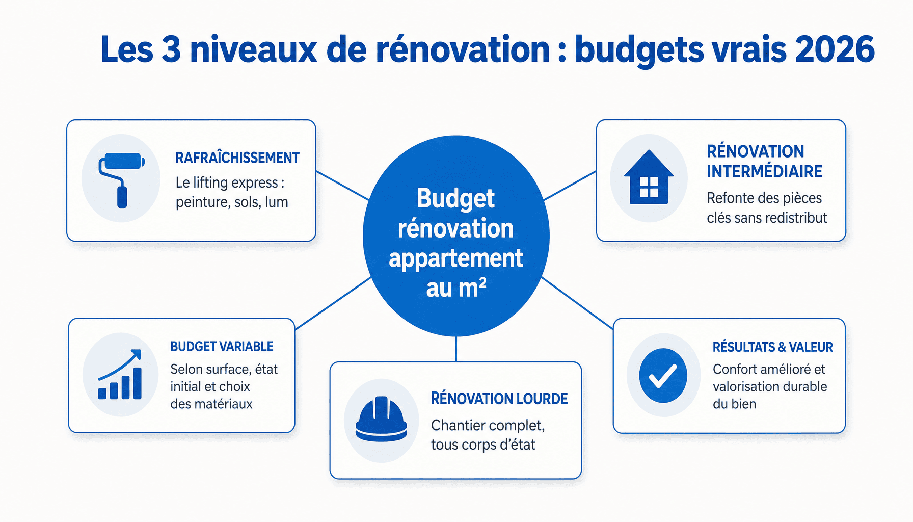 Infographie décomposition des 3 niveaux de rénovation appartement prix m2 2026 : rafraîchissement, intermédiaire, lourde