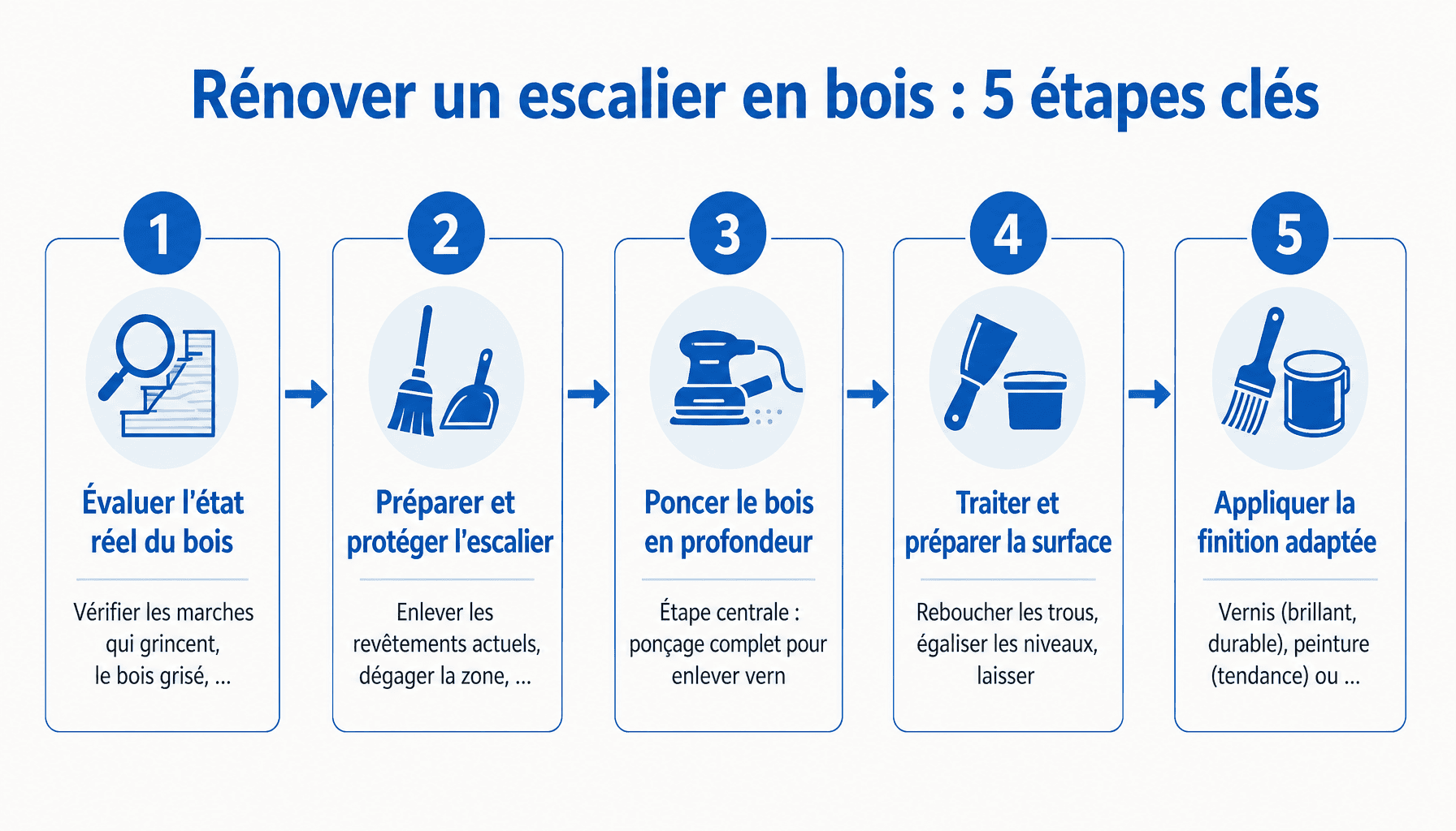 Les 5 étapes pour rénover un escalier en bois : évaluation, préparation, ponçage, traitement et finition