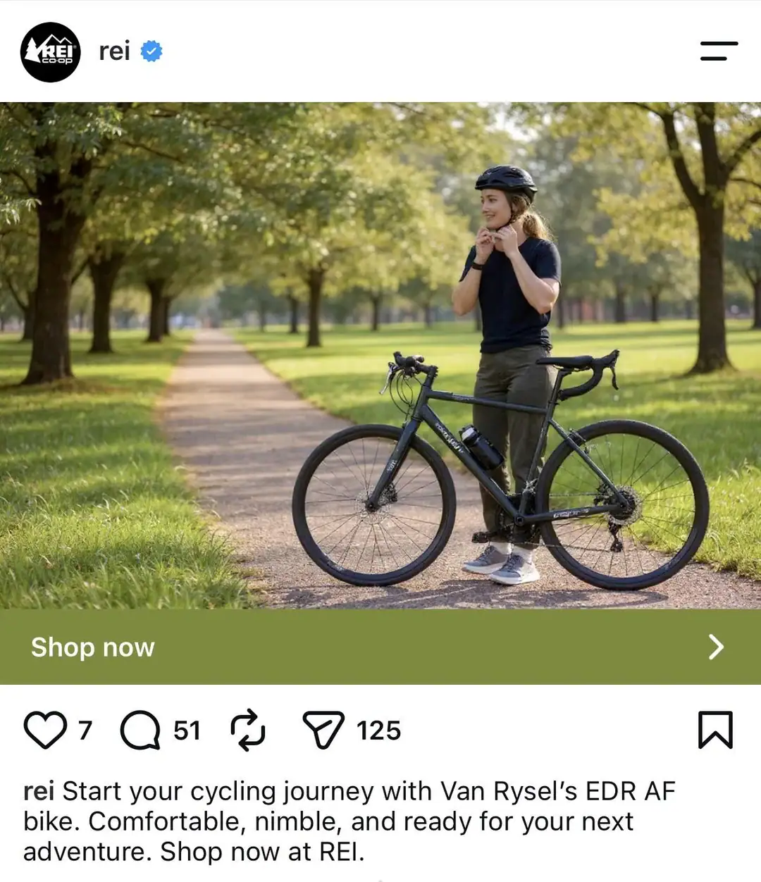 Anúncio da REI no Instagram com bicicleta alterada pela IA da Meta