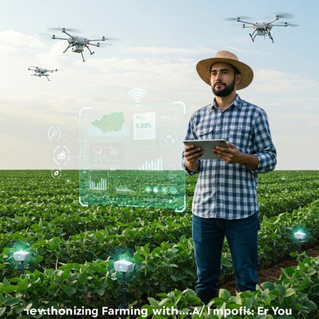 A farmer, who appears to be a man, stands in a field with a tablet, overseeing drones and sensor technology, illustrating modern, AI-powered farming.