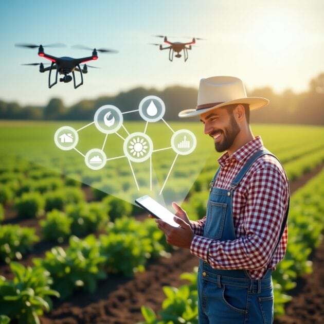 A person, who appears to be a man, smiles while holding a tablet in a field with hovering drones and agricultural data visualizations, suggesting smart farming technology.