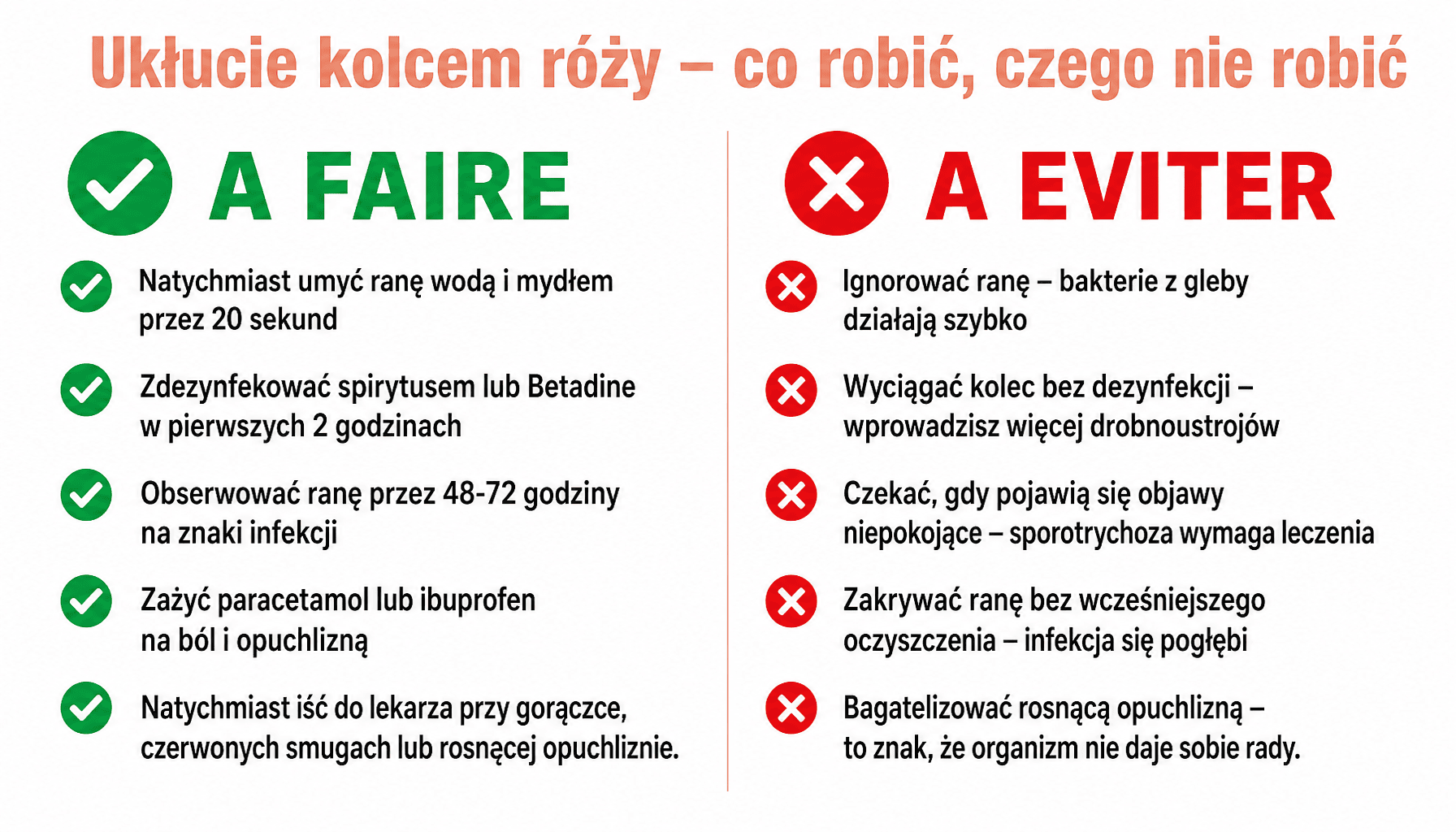 Infografika pierwszej pomocy przy opuchliznie po ukłuciu kolcem róży – objawy alarmujące i kroki działania
