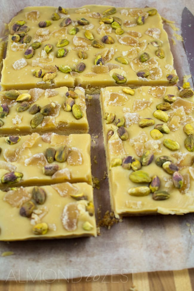 Ginger and Pistachio Slice - Full of crunch and spice with a rich silky frosting that melts in your mouth! This is sure to be a favorite!!