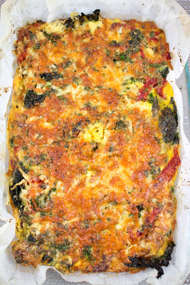 Chorizo, Kale, Potato and Red Bell Pepper Frittata - Sweet red bell peppers, kale and spicy chorizo. Healthy, super easy to put together and gluten-free!!