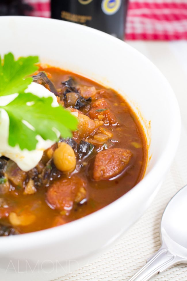 Chick pea, Chorizo and Kale Stoup - A super easy, no-fuss, quick to make and healthy soup! Super cute little chickpeas, slices of spicy chorizo and roughly torn pieces of purple kale, hearty and delicious!!