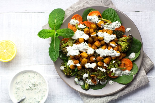 Roasted Broccoli, Carrot and Spicy Chickpea Salad