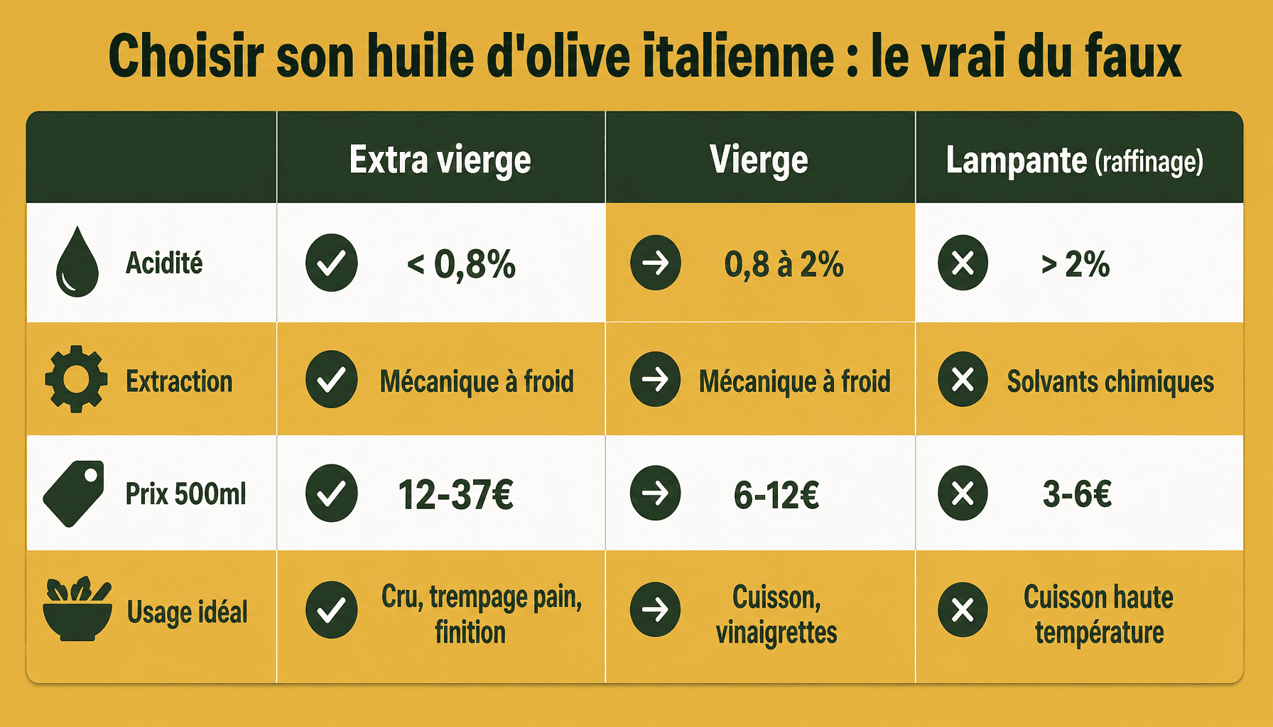Comparaison des types d'huile olive italie : extra vierge, vierge, lampante avec prix et acidité
