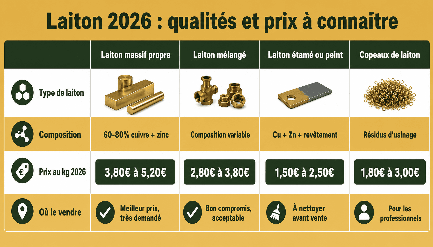 Comparaison des types de laiton, composition et prix du laiton au kilo en 2026