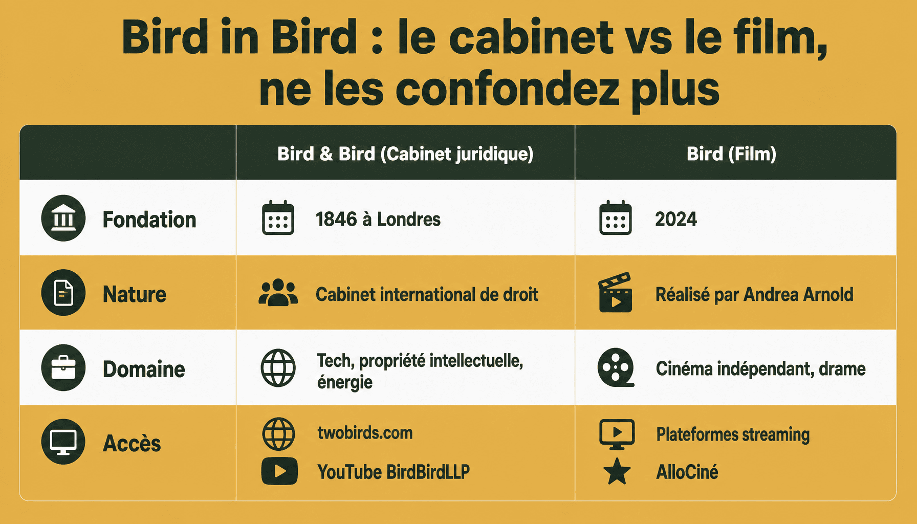 Comparaison entre Bird & Bird cabinet juridique et Bird film 2024 pour clarifier la confusion bird in bird