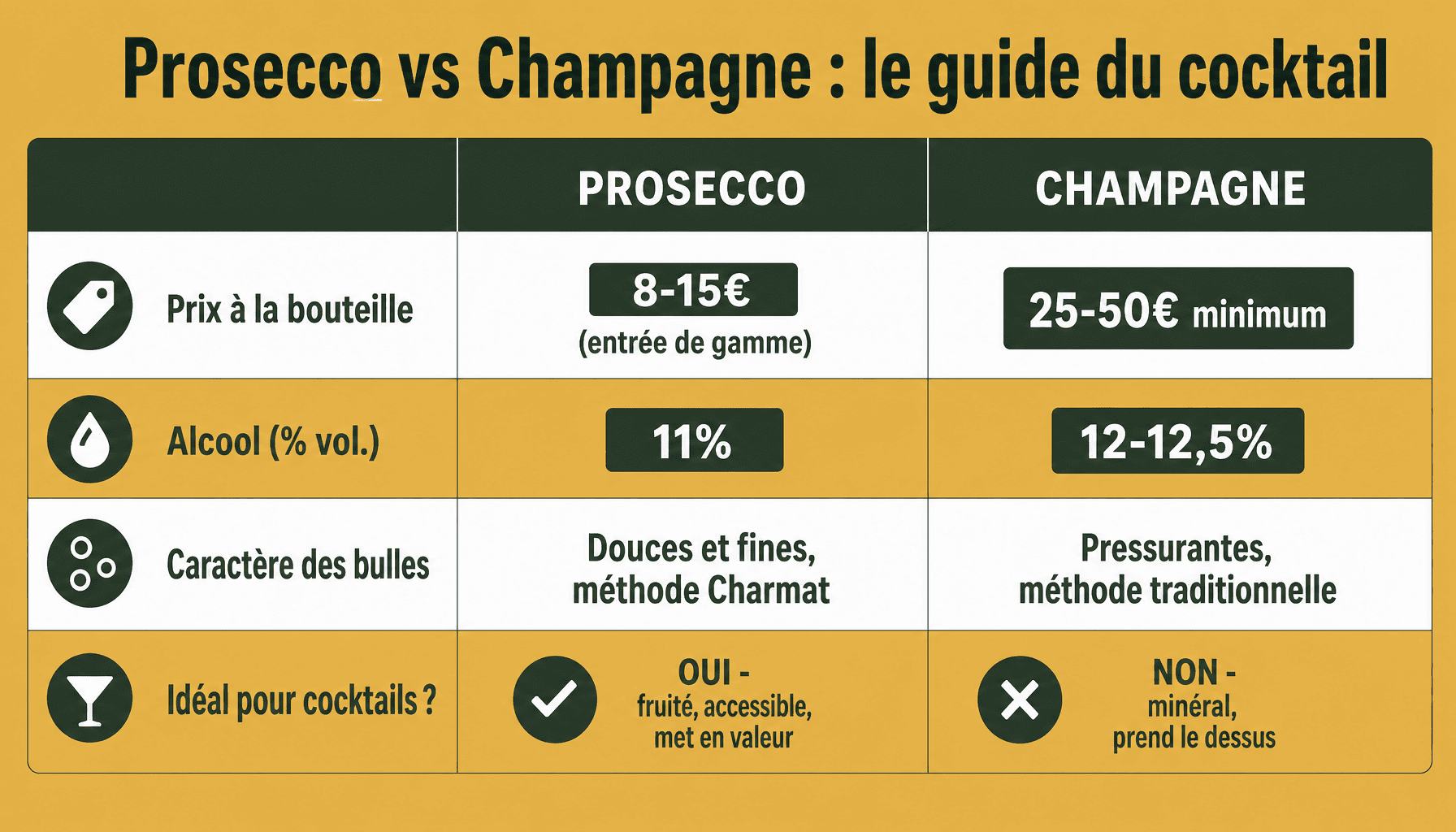 Comparaison prosecco champagne pour cocktails using prosecco : prix, alcool, bulles, saveur