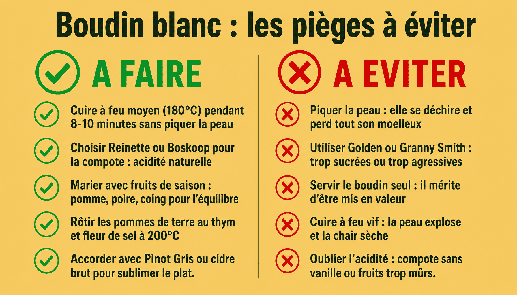 Infographie accompagnement boudin blanc : à faire et à éviter pour réussir sa cuisson