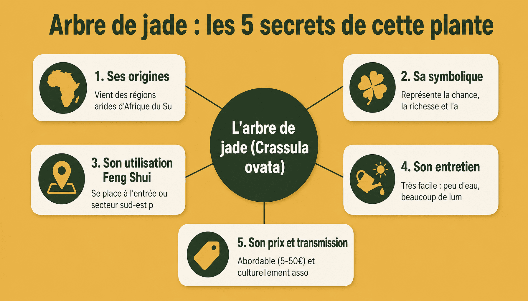 Infographie arbre de jade signification : origines, symbolique, entretien et bienfaits du Crassula ovata