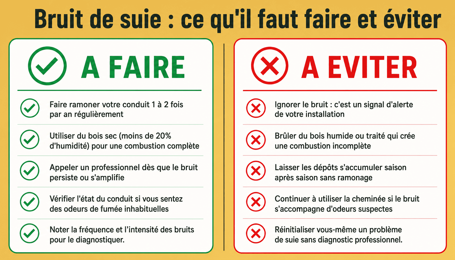 Infographie bruit de suie qui tombe dans le conduit : bonnes pratiques et erreurs à éviter
