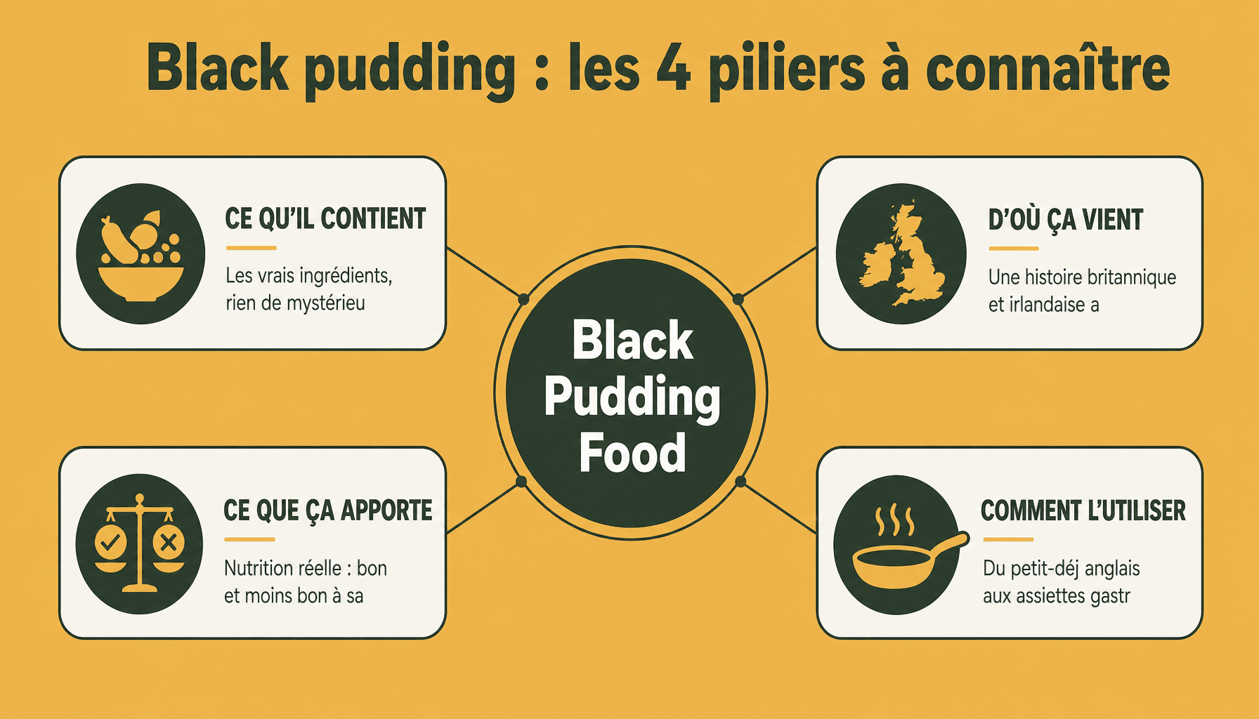 Infographie decomposition black pudding food : composition, origines, nutrition, utilisation culinaire