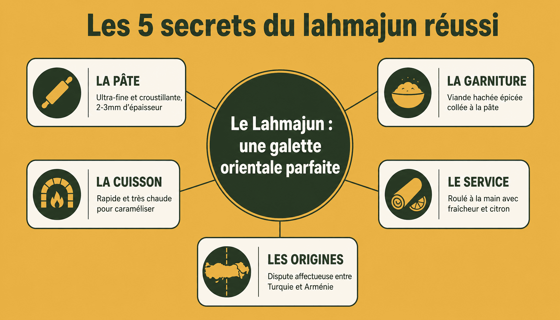 Infographie decomposition des 5 elements clés du lahmajun: pâte, garniture, cuisson, service, origines