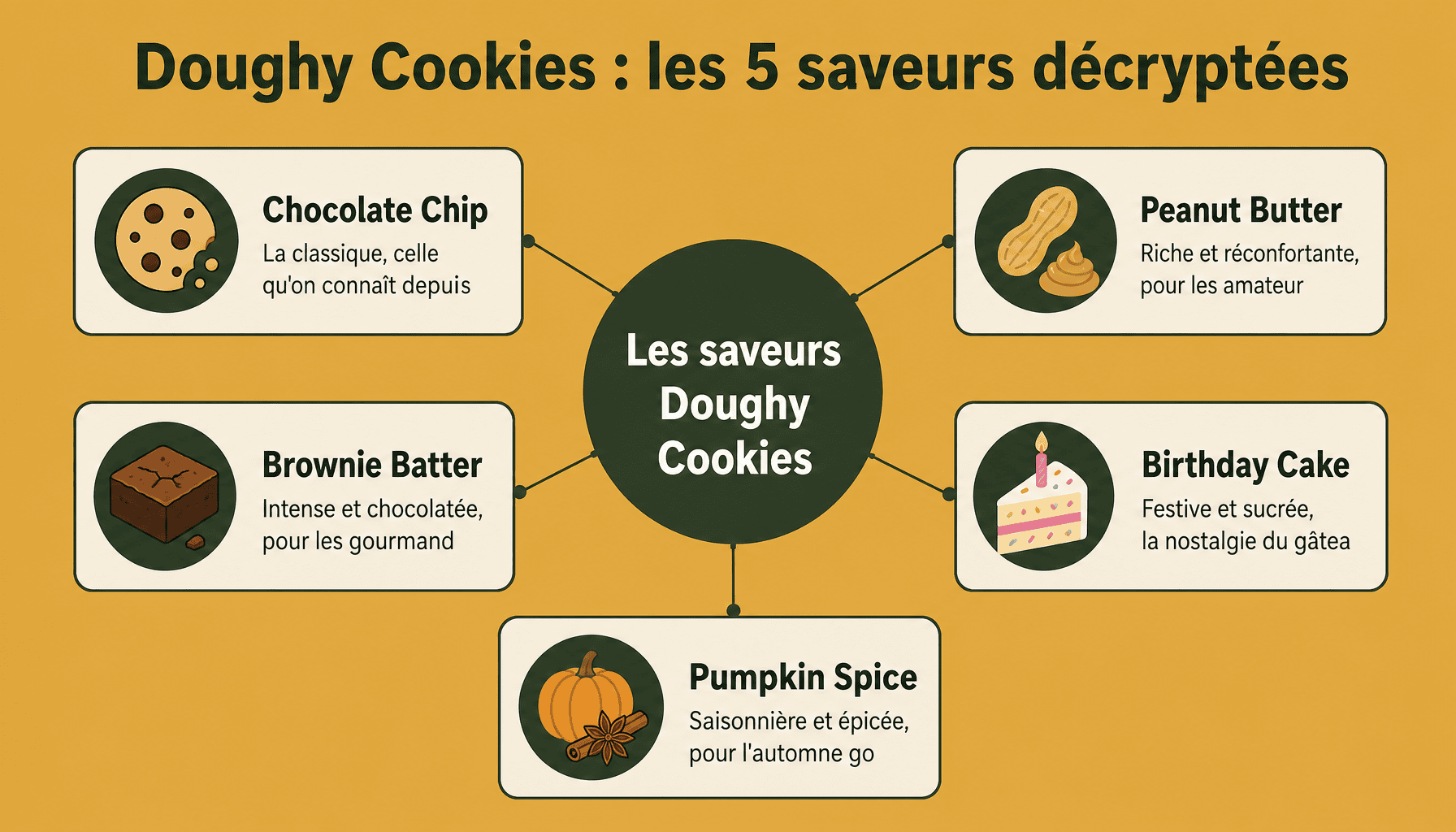 Infographie des 5 saveurs de doughy cookies : chocolate chip, peanut butter, brownie batter, birthday cake, pumpkin spice avec profils gustatifs