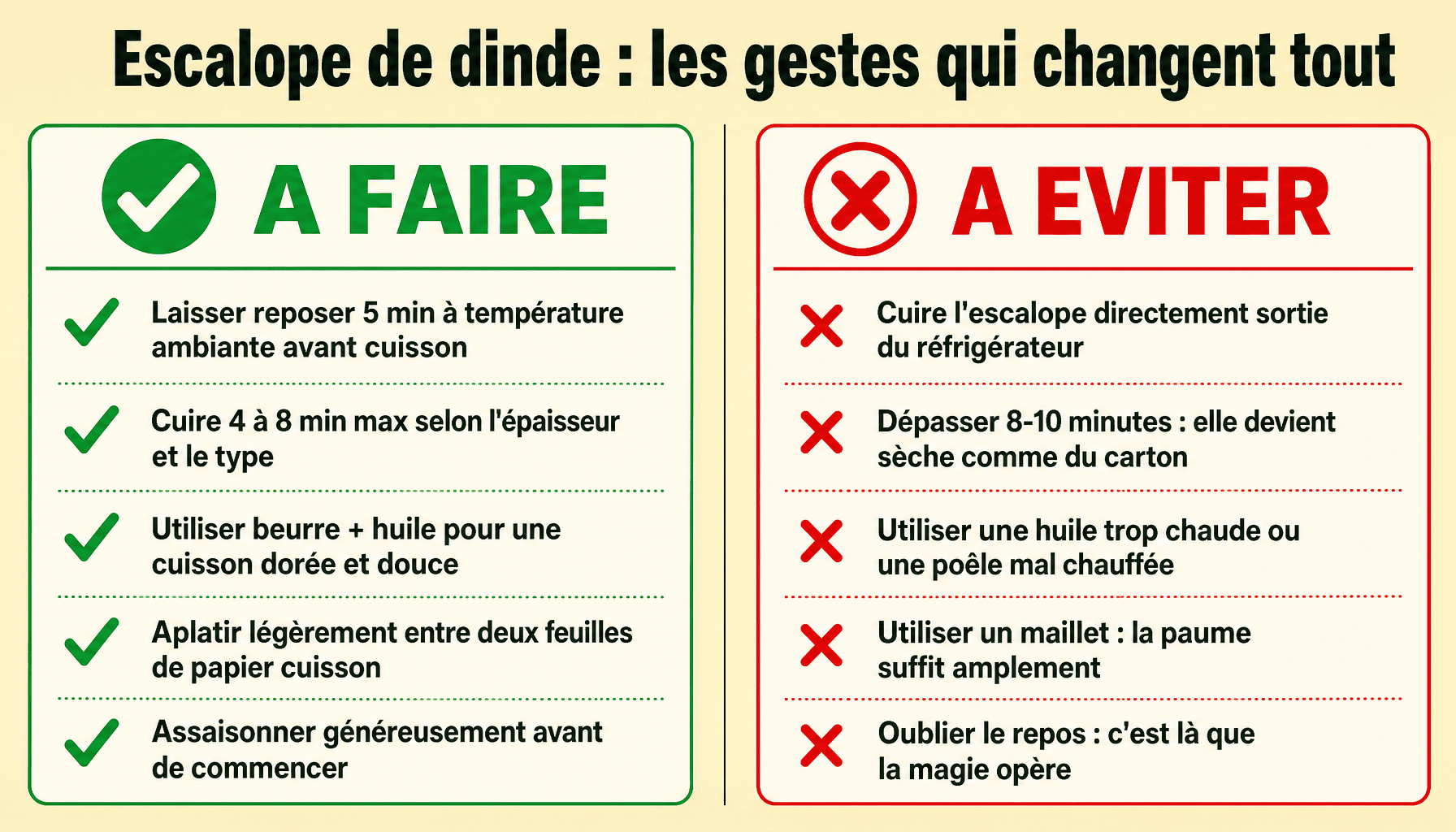 Infographie des bonnes et mauvaises pratiques pour cuire une escalope de dinde sans la dessécher