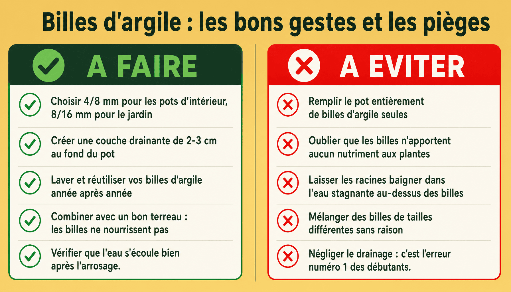 Infographie des bonnes pratiques et erreurs à éviter avec les billes d'argile au jardin