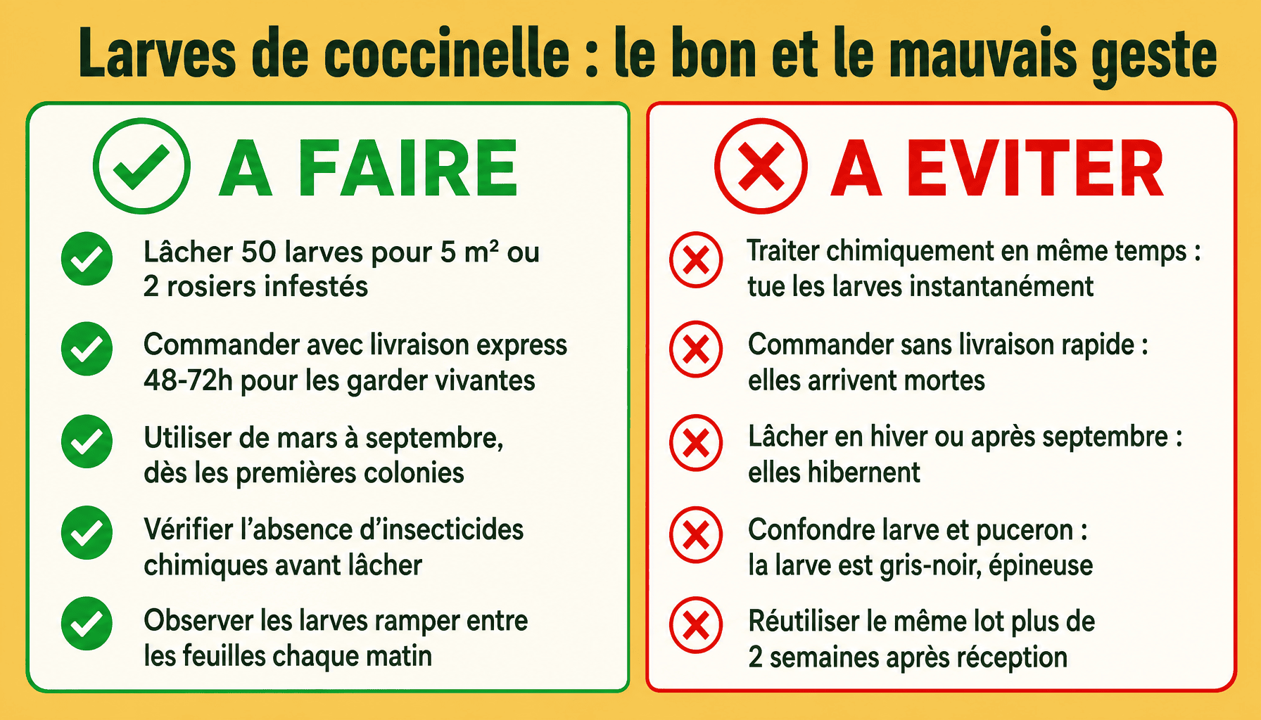 Infographie des bonnes pratiques et erreurs à éviter avec les larves de coccinelle contre les pucerons